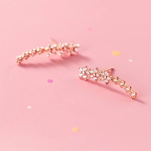 Cherry Blossom Diamond Climber/Crawler Floral Gold Dainty Wedding Gift Earrings - Picture 4 of 8